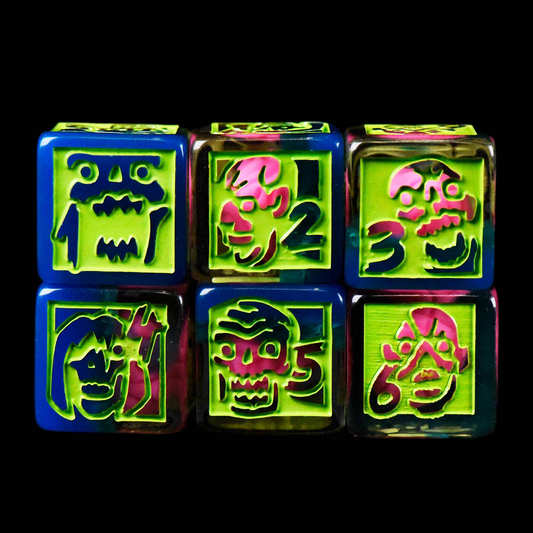 Set of six colorful blocks with numbers and symbols on a black background