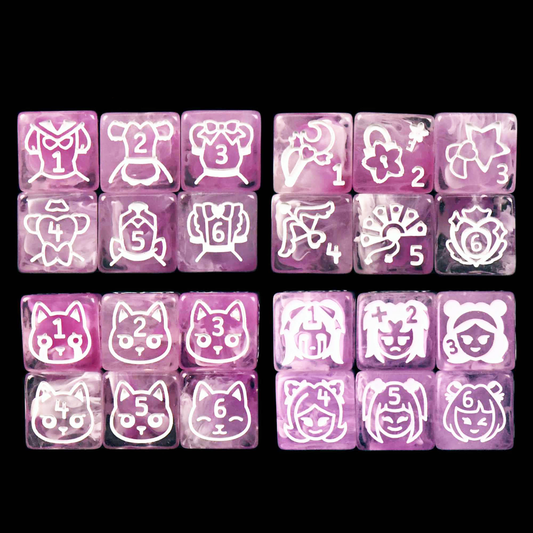 Set of pink dice with white designs on a black background
