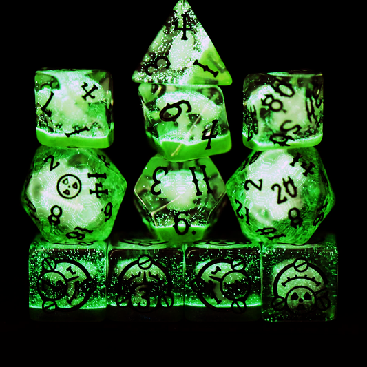 Glowing green polyhedral dice set on a black background