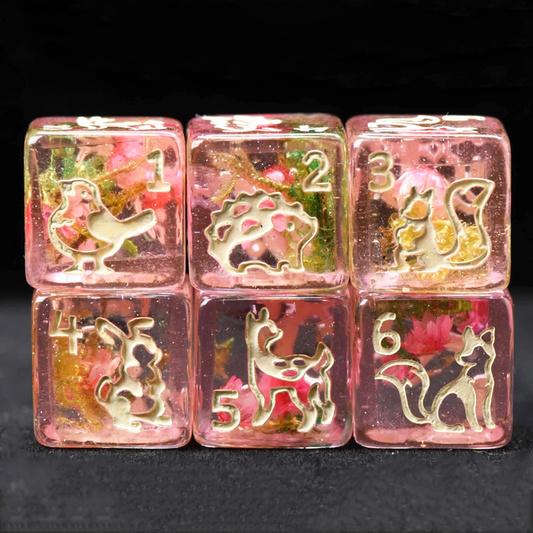 Set of six transparent dice with animal illustrations and numbers on a black background
