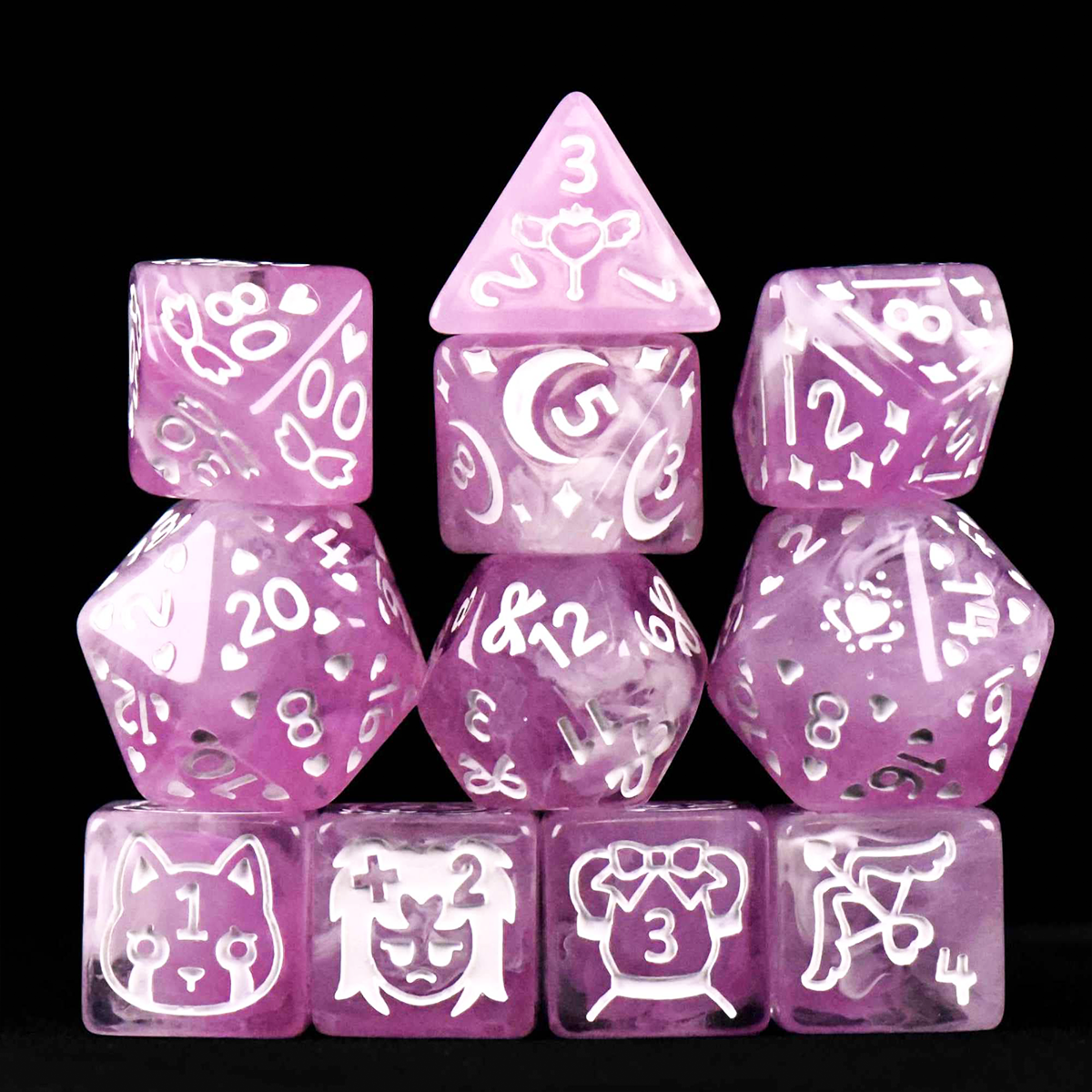 Set of purple dice with white symbols on a black background