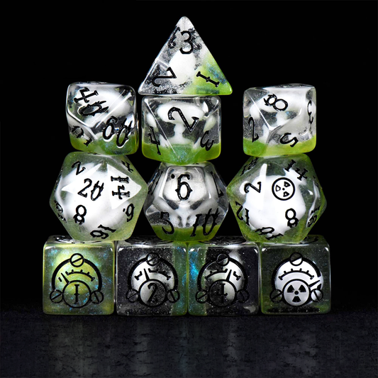Set of dice with glowing green and white colors on a black background