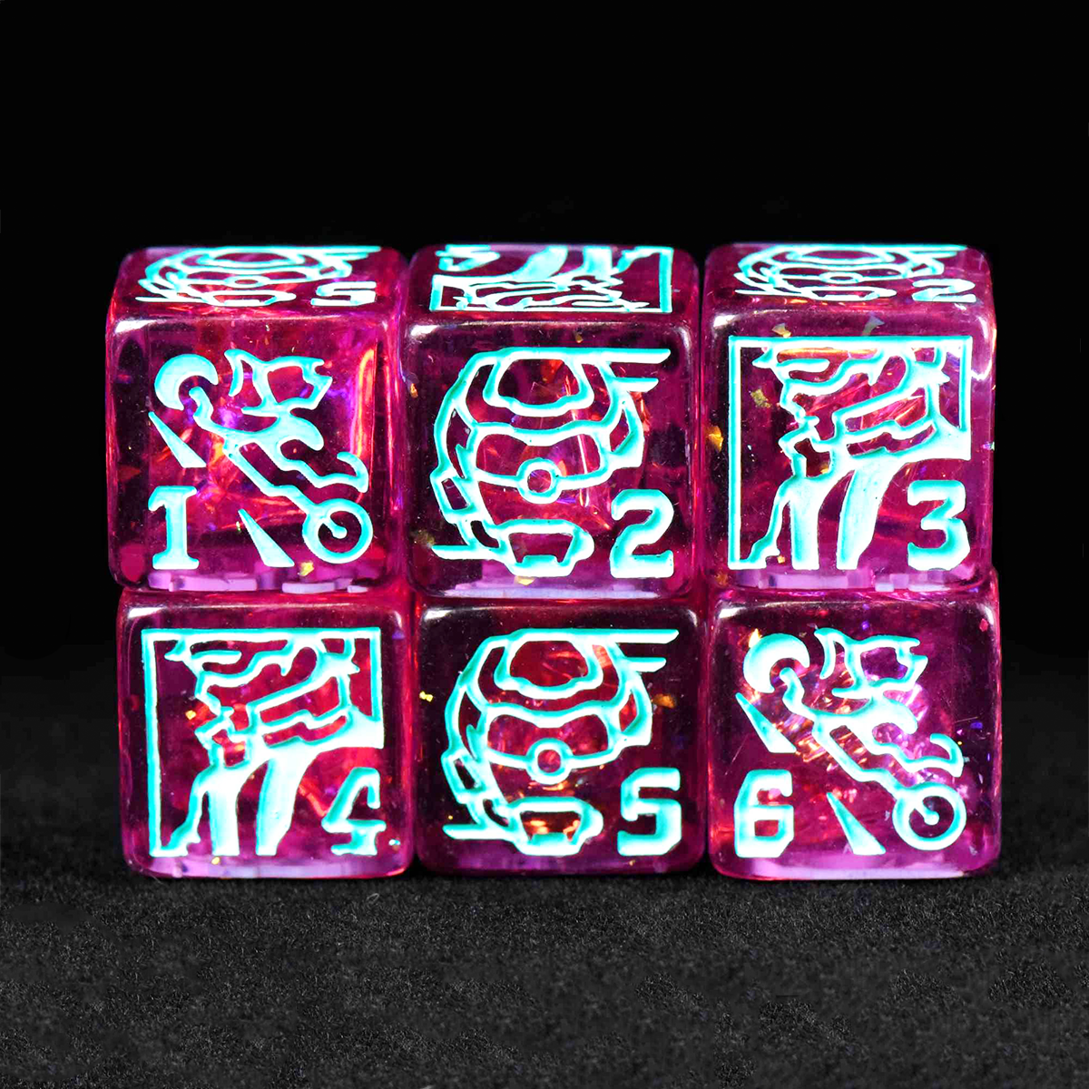Set of six transparent pink dice with white and blue symbols on a black background
