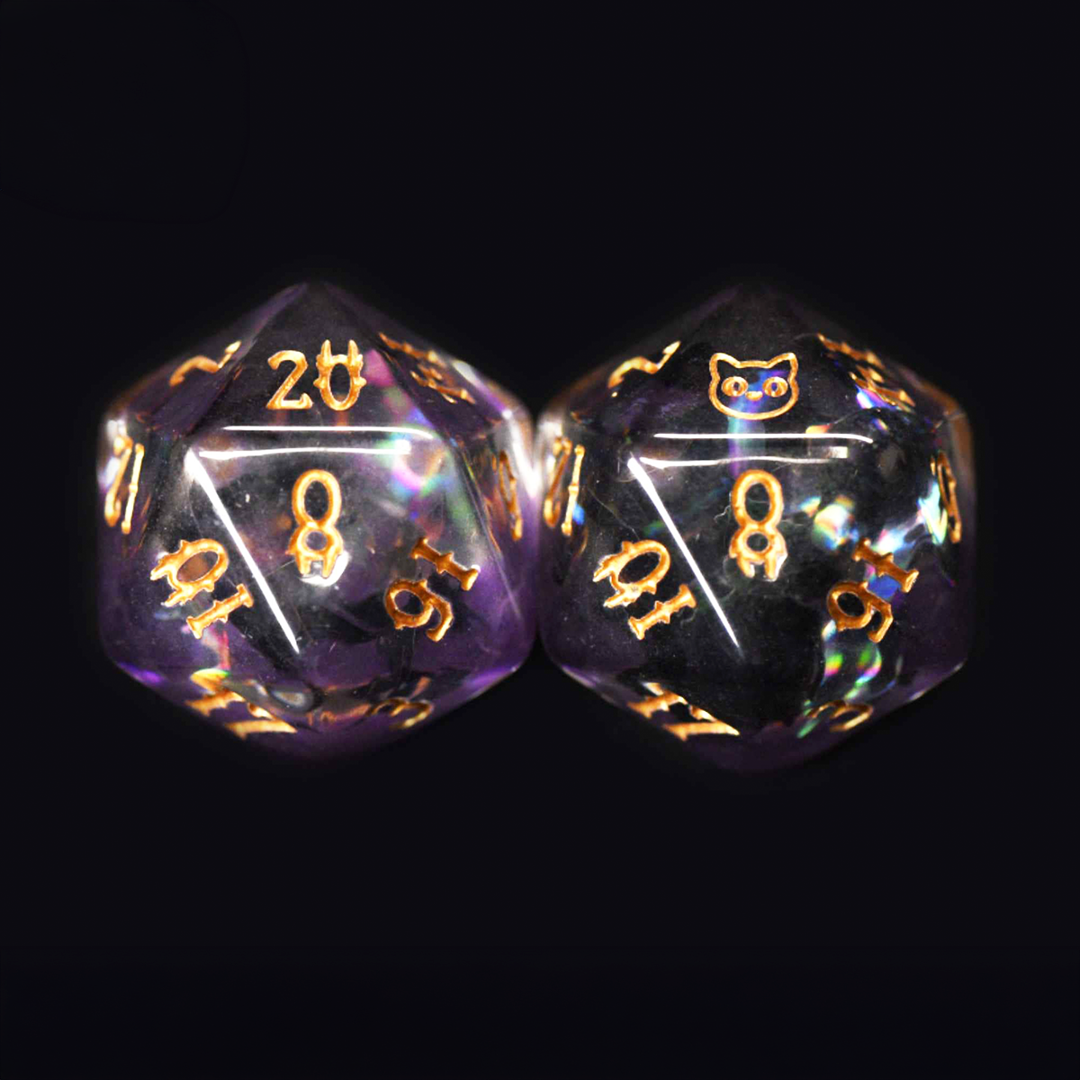 Two transparent dice with gold numbering on a black background