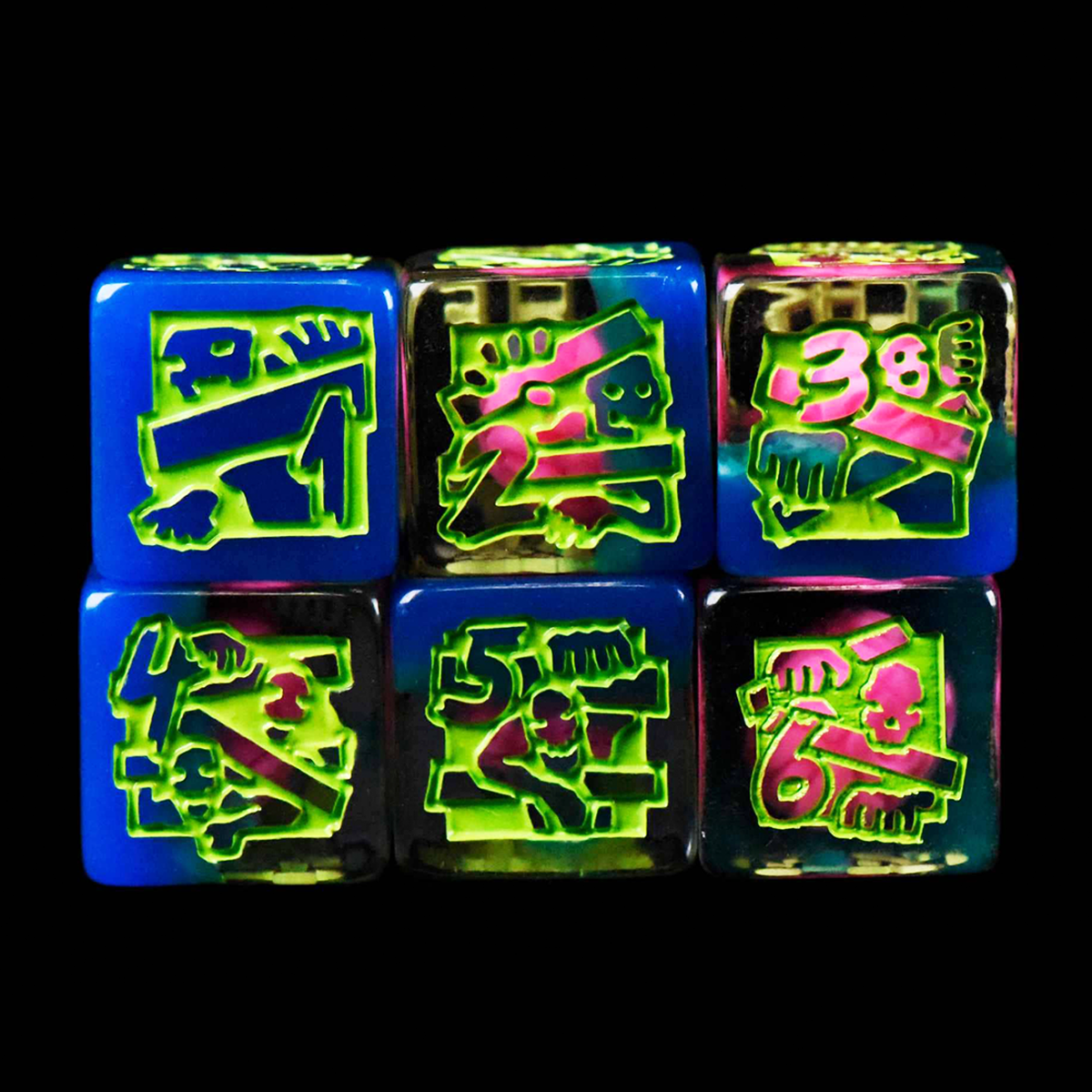 Colorful dice with Chinese characters on a black background