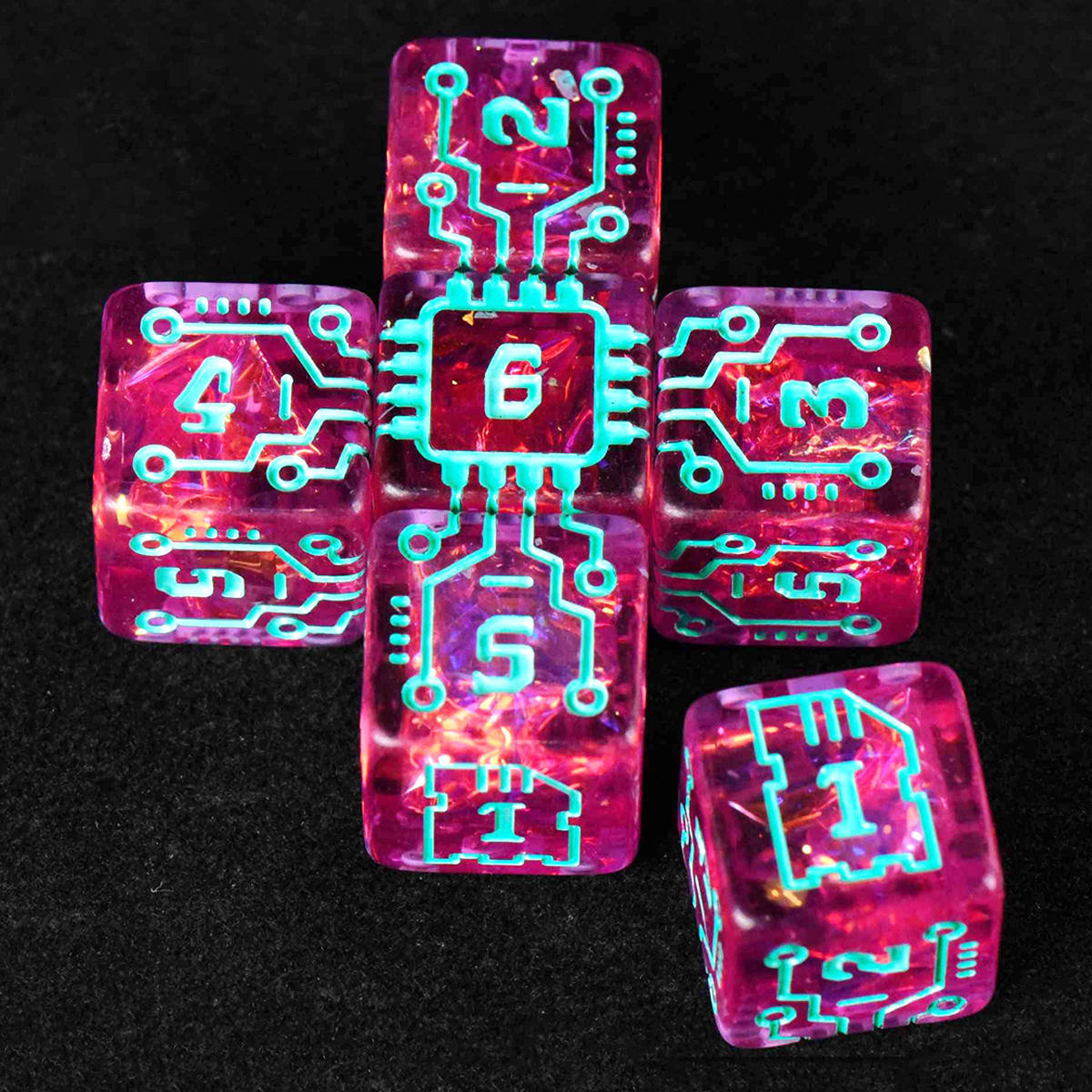 Set of six dice with electronic circuit design on a black background