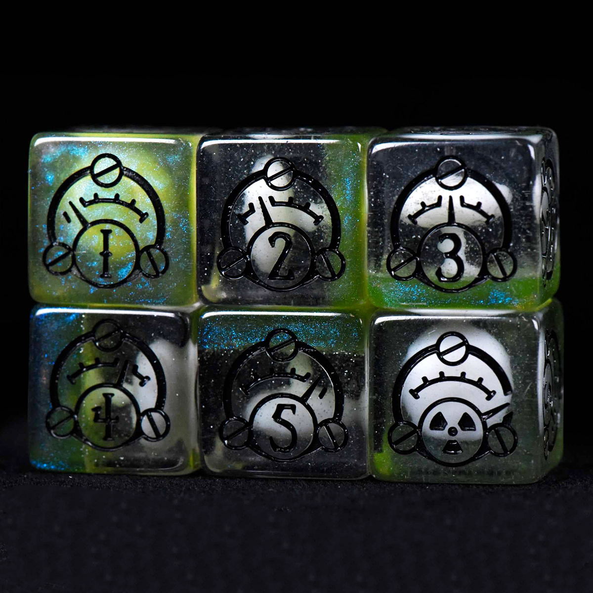 Set of six dice with unique designs on a black background