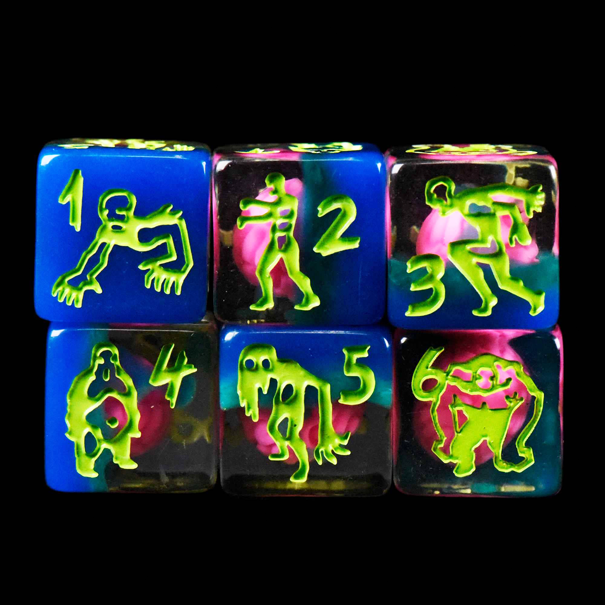Set of six colorful dice with animal figures on a black background