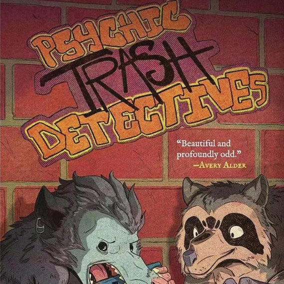 Book cover of 'Psychic Trash Detectives' with two anthropomorphic characters against a brick wall.