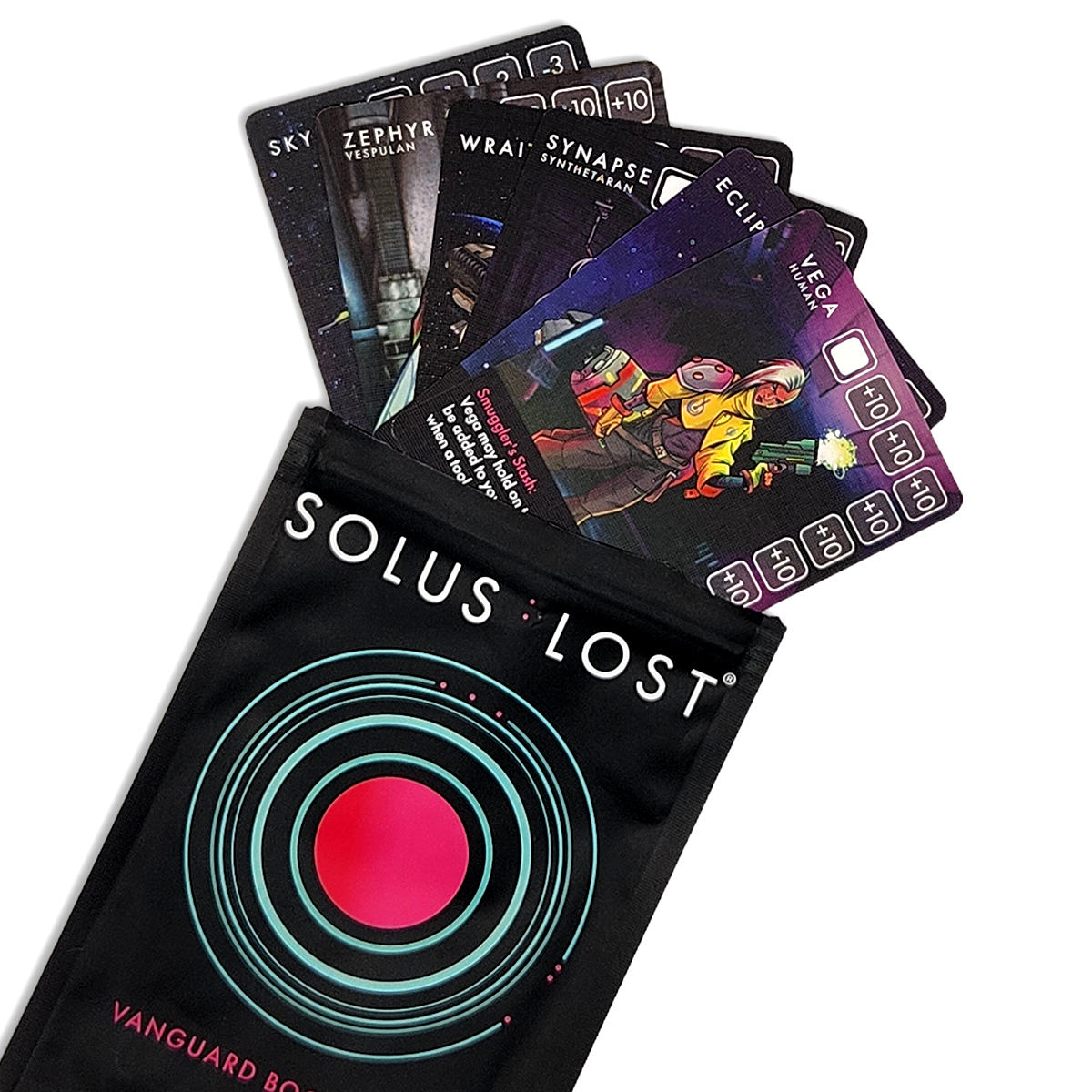 Card game 'Solus Lost' booster pack with cards displayed and the game bag in the foreground.