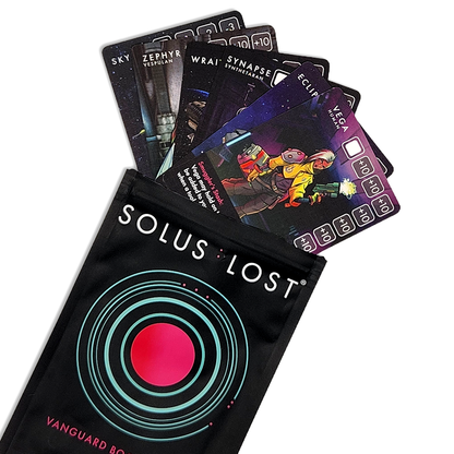 Card game 'Solus Lost' booster pack with cards displayed and the game bag in the foreground.
